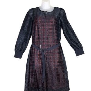 DKNY Women’s Size 4 Navy Lace Overlay Belted Party Cocktail Dress Long Sleeve